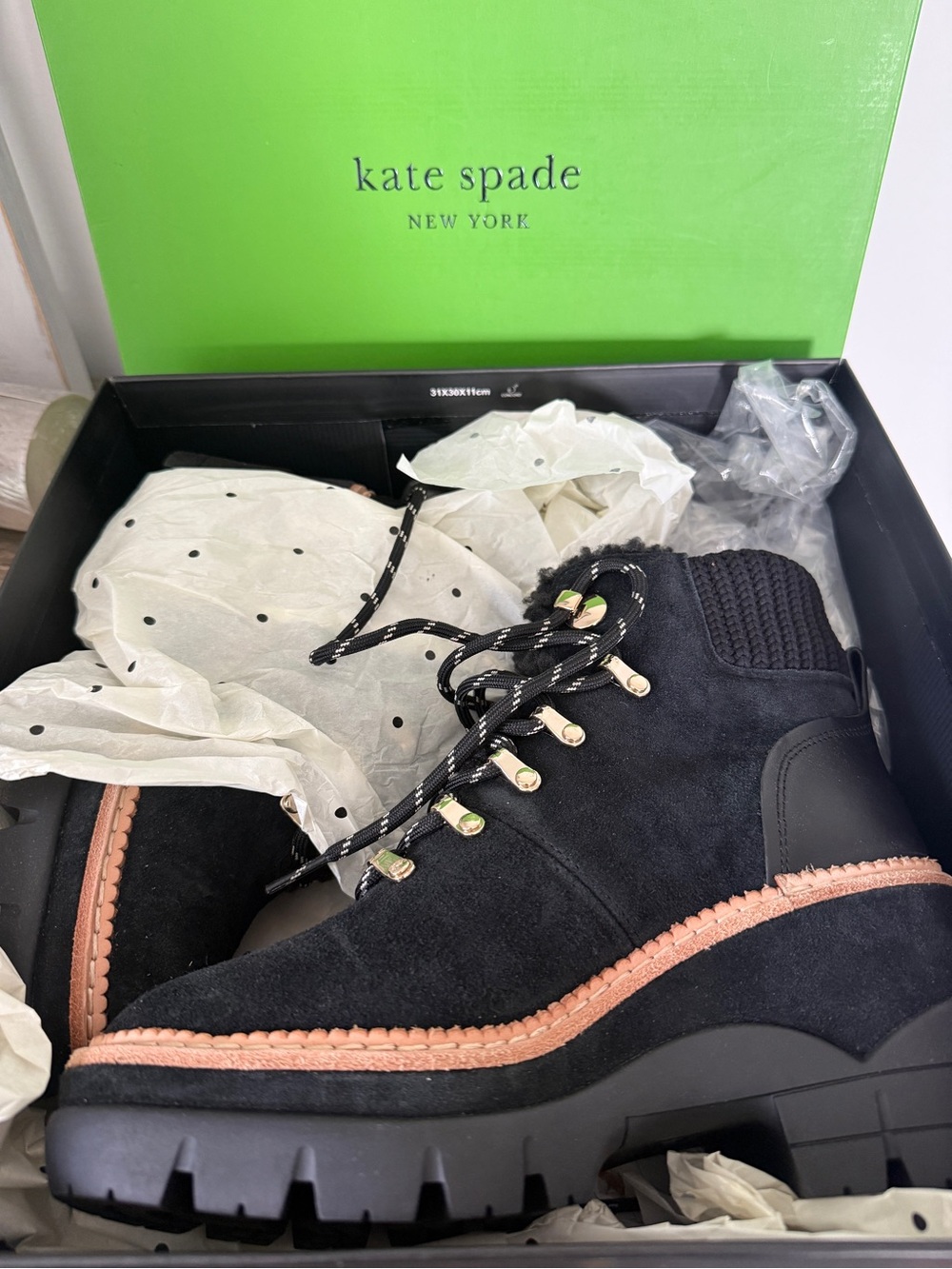 kate spade Black Suede Women’s Lug Boots with Pink Contrast Trim